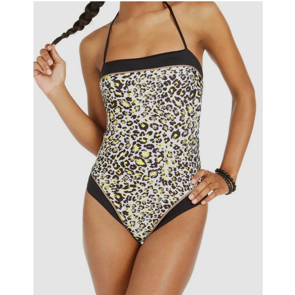 Soluna Swim Into the Wild Full Moon Neon Leopard One Piece Halter Lace Up Back S